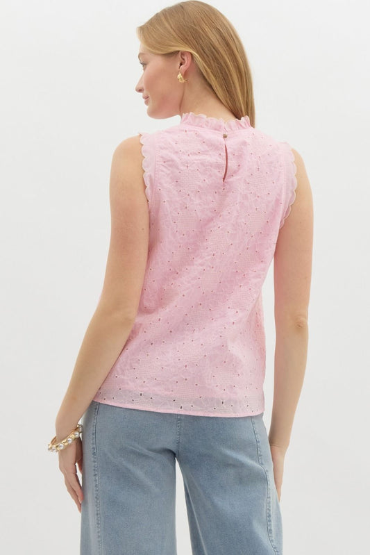 Sleeveless Floral Embroidered Frill Neck Top-Pink