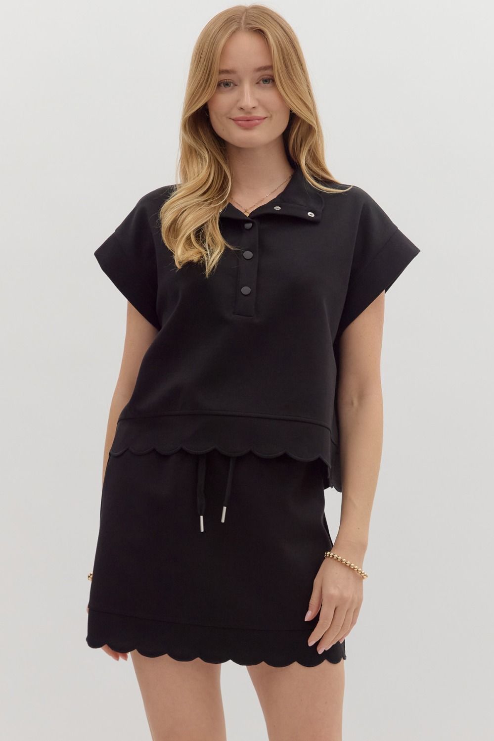 Solid Jersey Scallop Hem Snap Collar Pullover