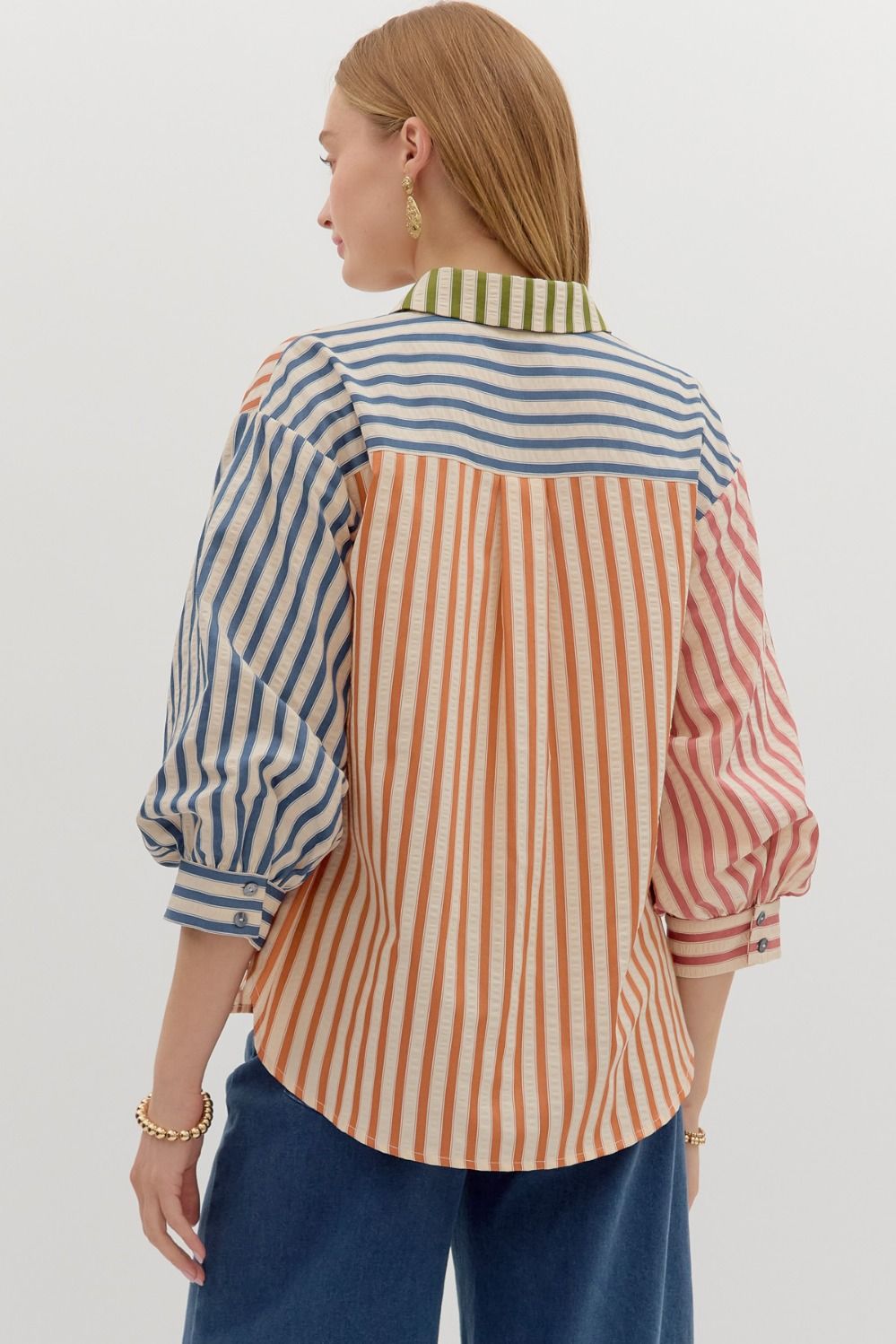 Multicolor Stripe 3/4 Sleeve Button Down Top