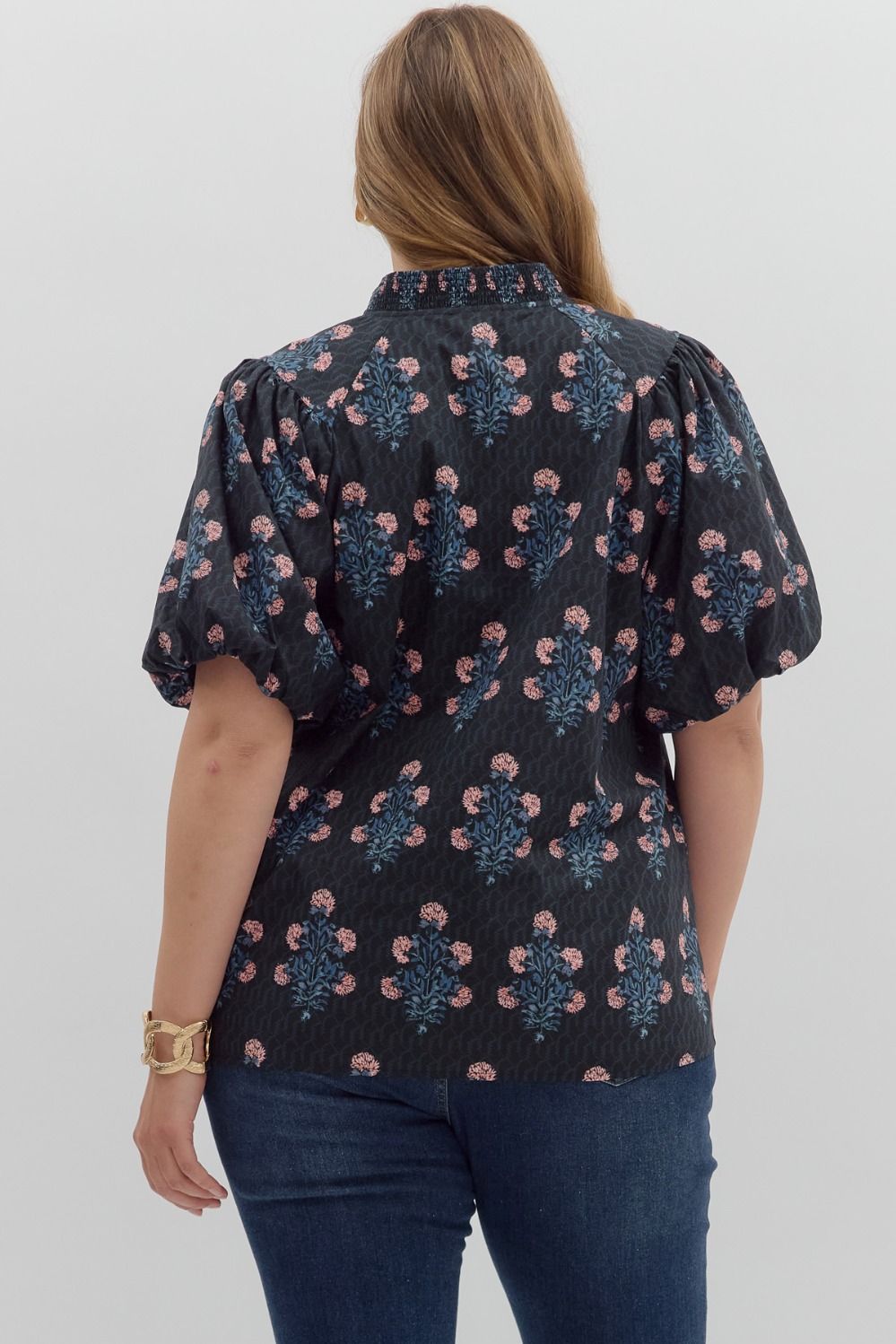 Floral Block Print Bubble Sleeve V-Neck Top-Black