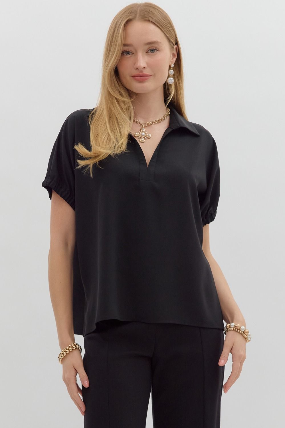 Solid Split Collar Elastic Sleeve Top