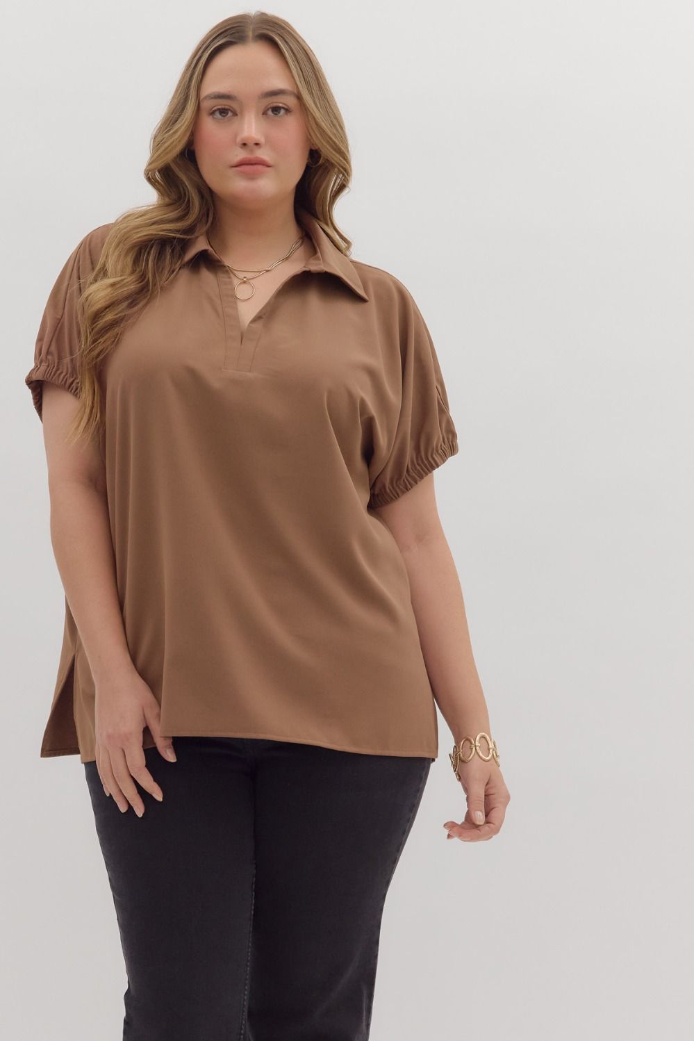Solid Split Collar Elastic Sleeve Top