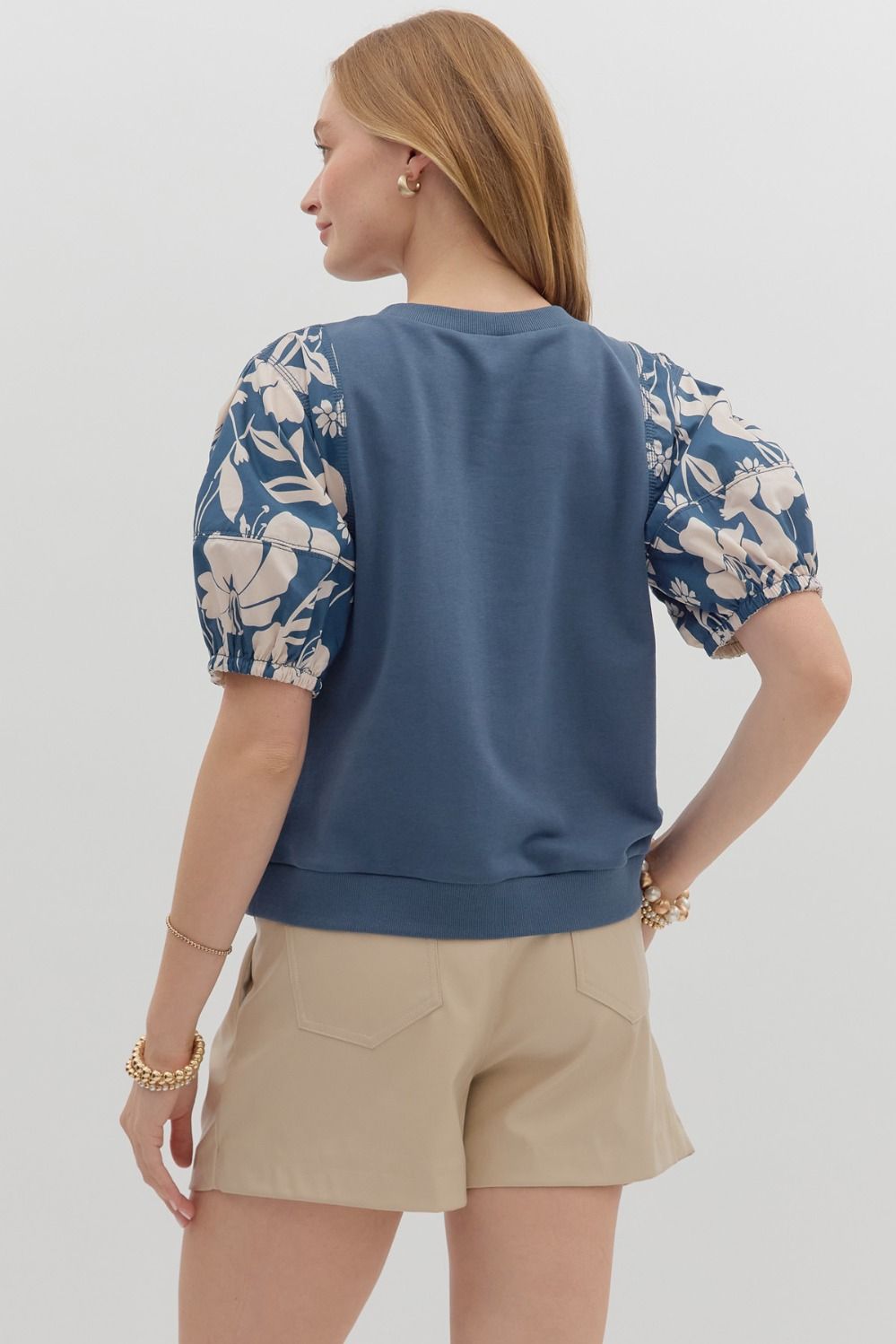 Solid Top w/Floral Puff Sleeve-Blue
