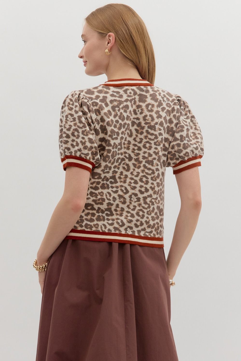 Leopard Puff Sleeve Sweater w/Striped Trim