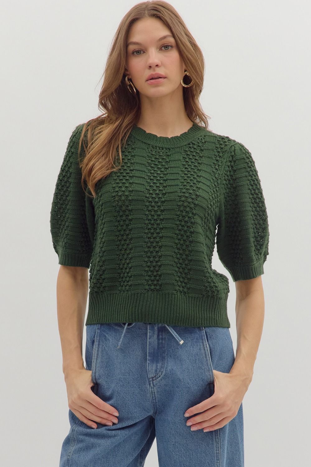 Textured Solid Puff Short Sleeve Sweater