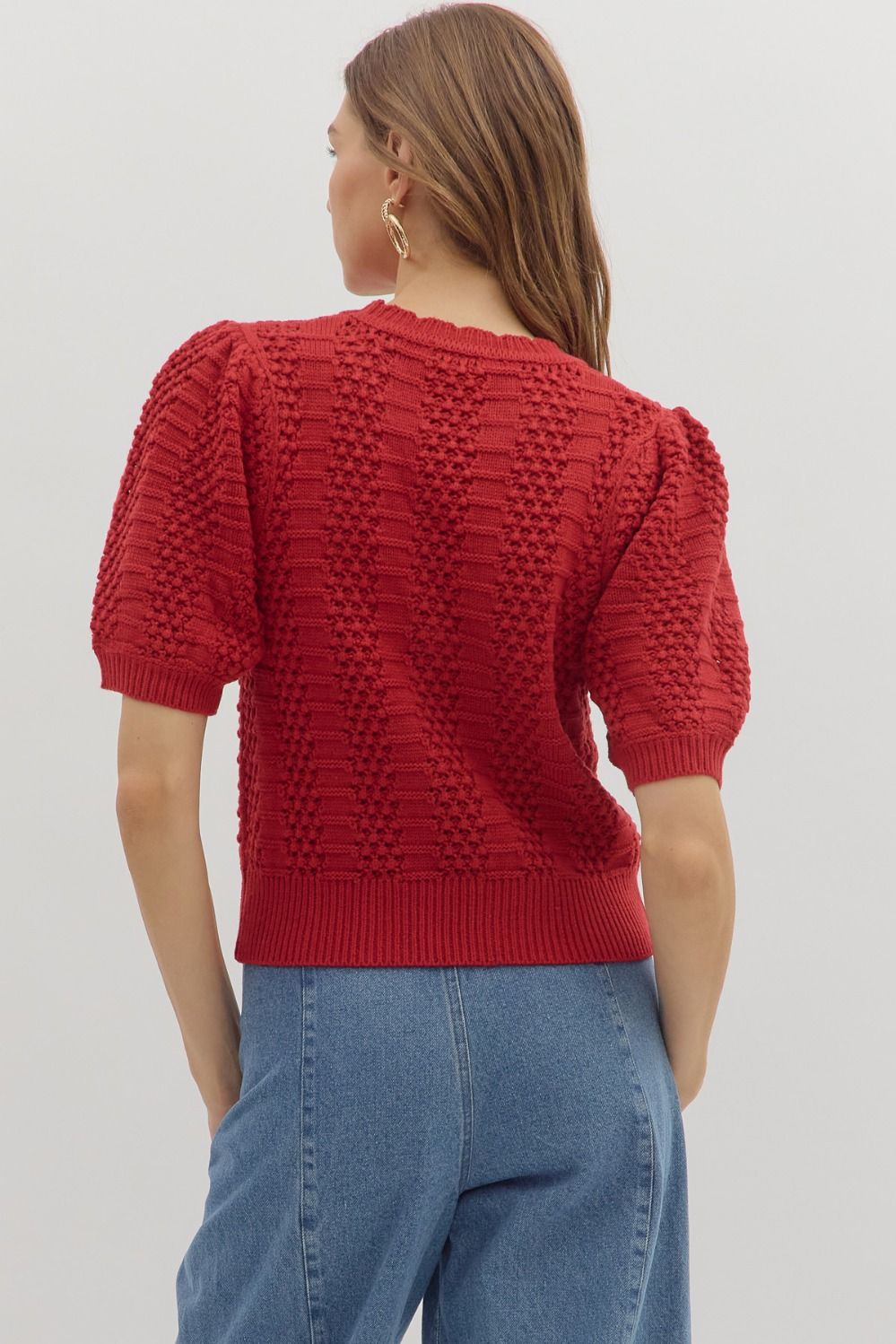 Textured Solid Puff Short Sleeve Sweater