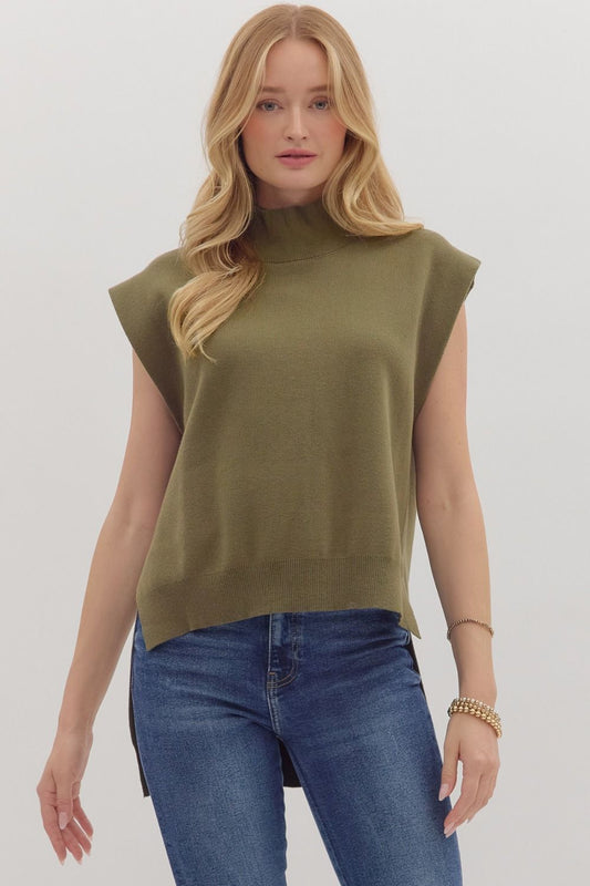 Solid Mock Neck Hi-Low Sweater-Olive