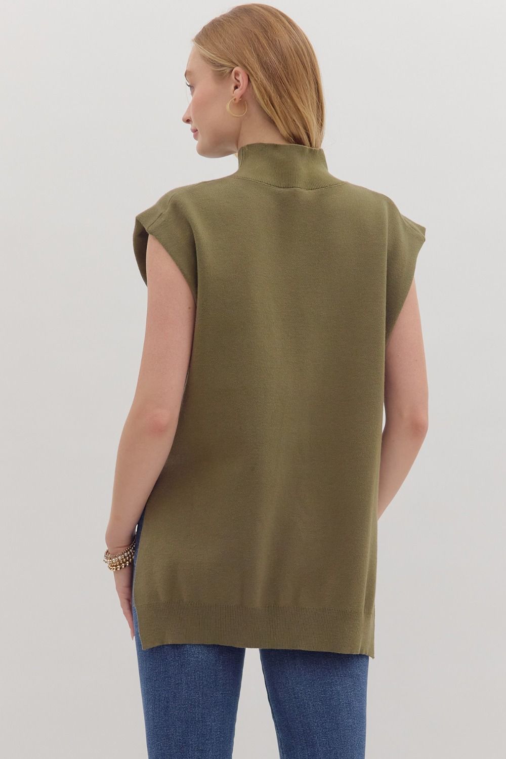 Solid Mock Neck Hi-Low Sweater-Olive