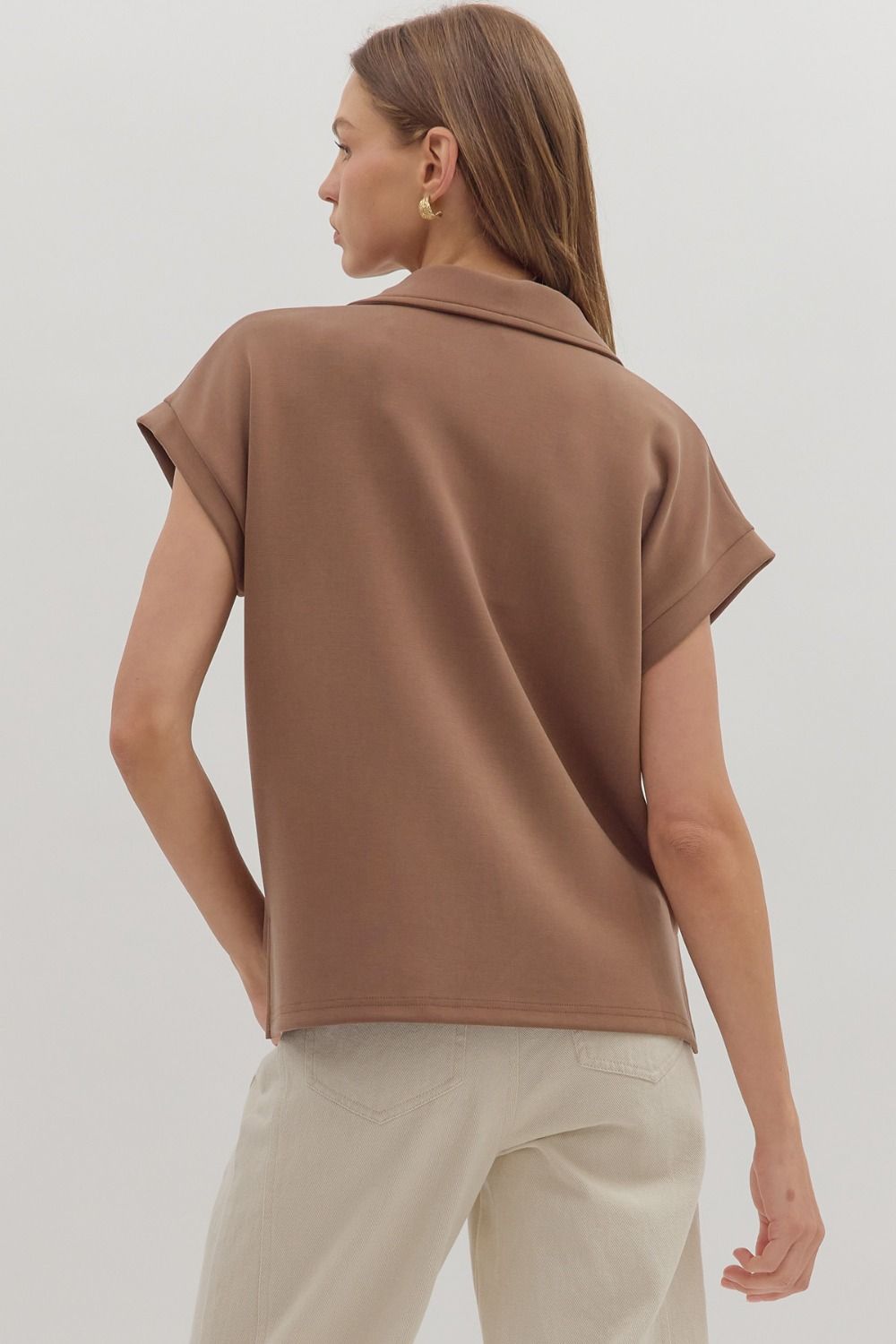 Solid V-Neck Collared Knit Top