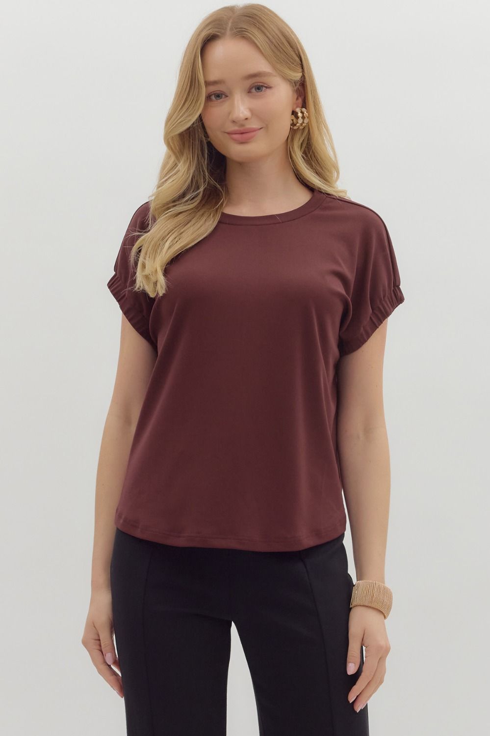 Solid Round Neck Jersey Top w/ Elastic Sleeves
