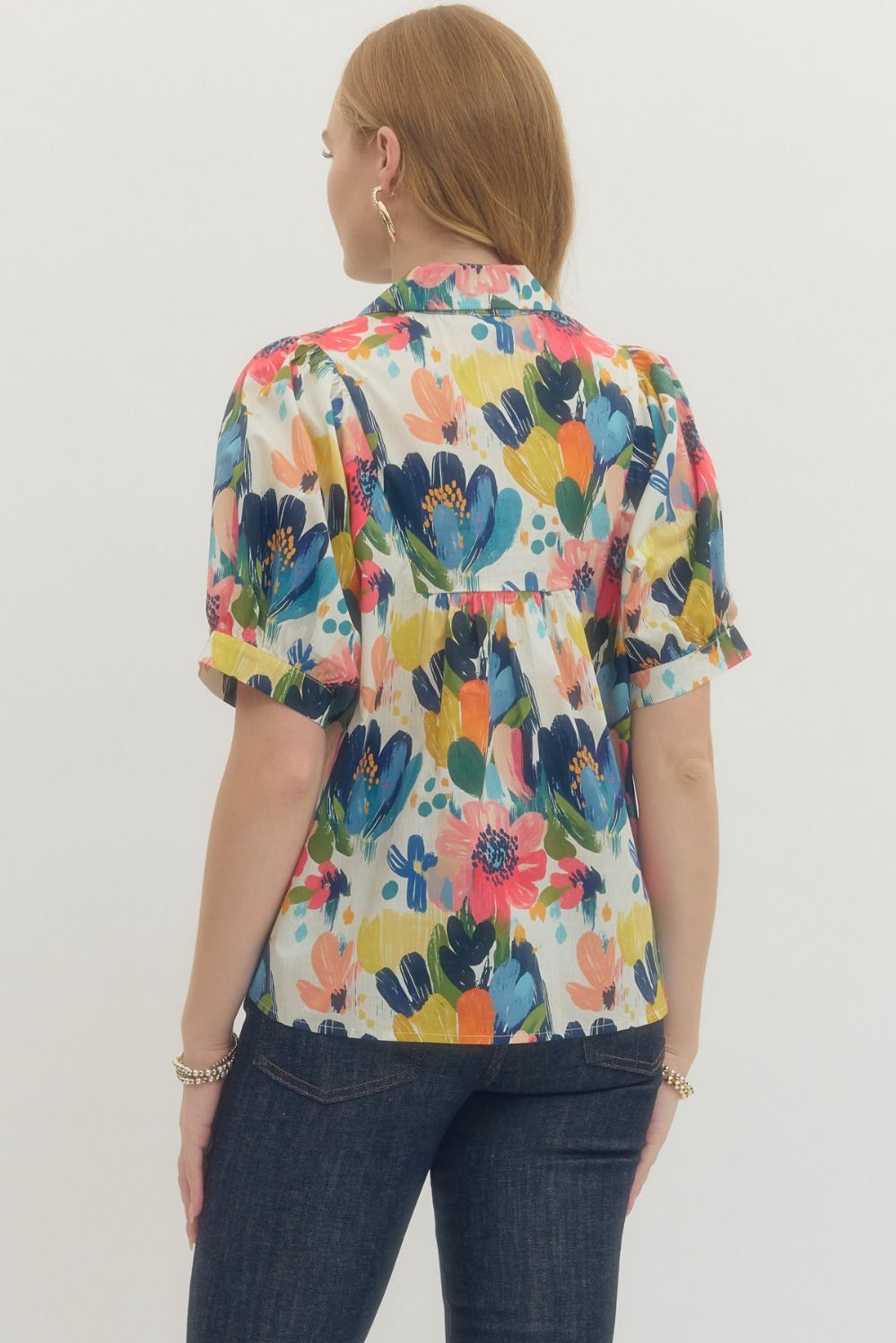 Floral Smocked Yoke Collared Puff Band Sleeve Top