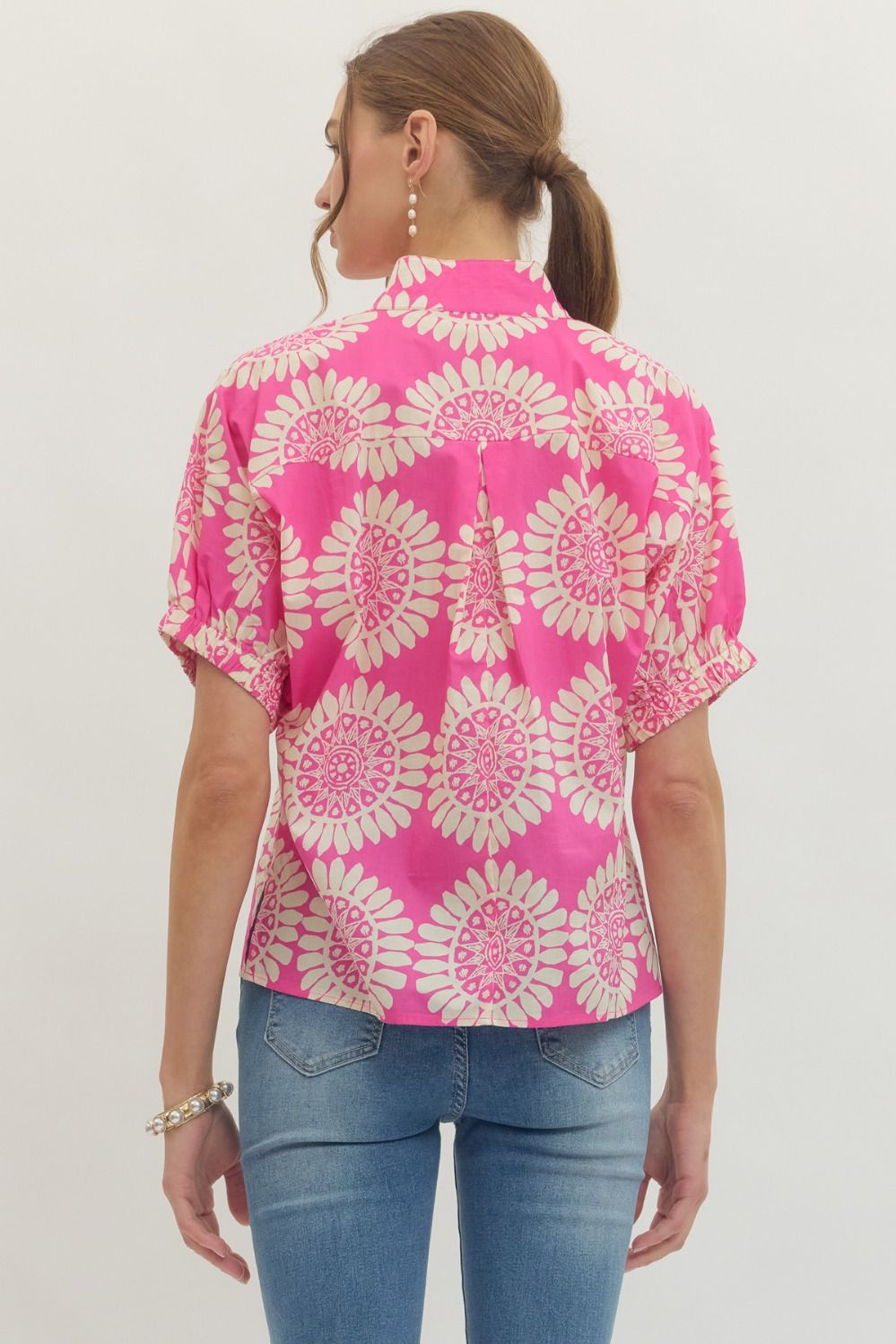 Medallion Print Elastic Sleeve V-neck Top-Pink