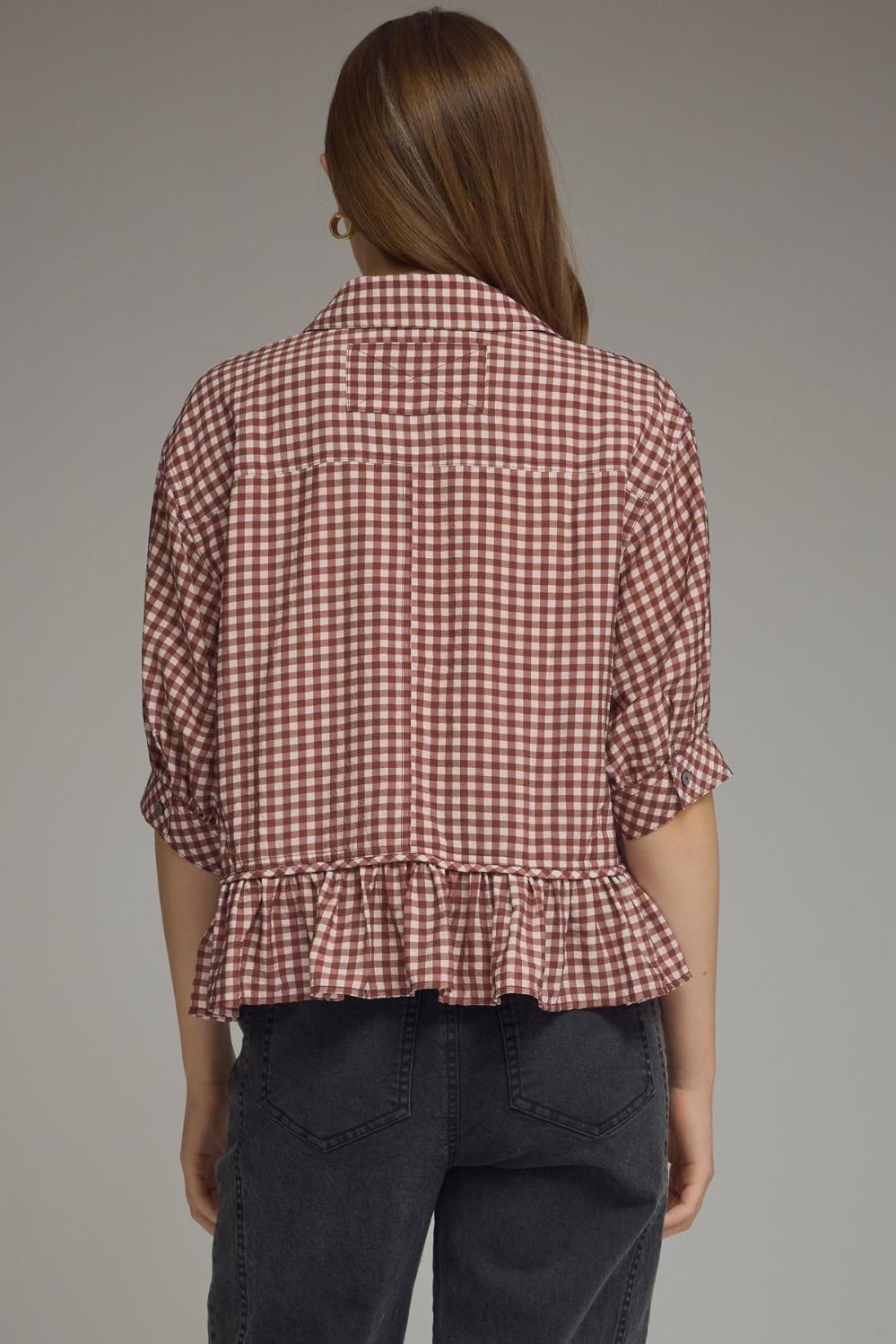 Gingham Collared Button Peplum Hem Top