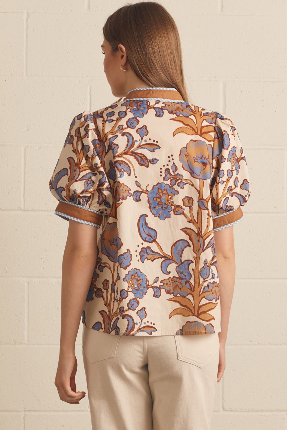 Floral Button Contrast Placket Puff Sleeve Top-Ecru