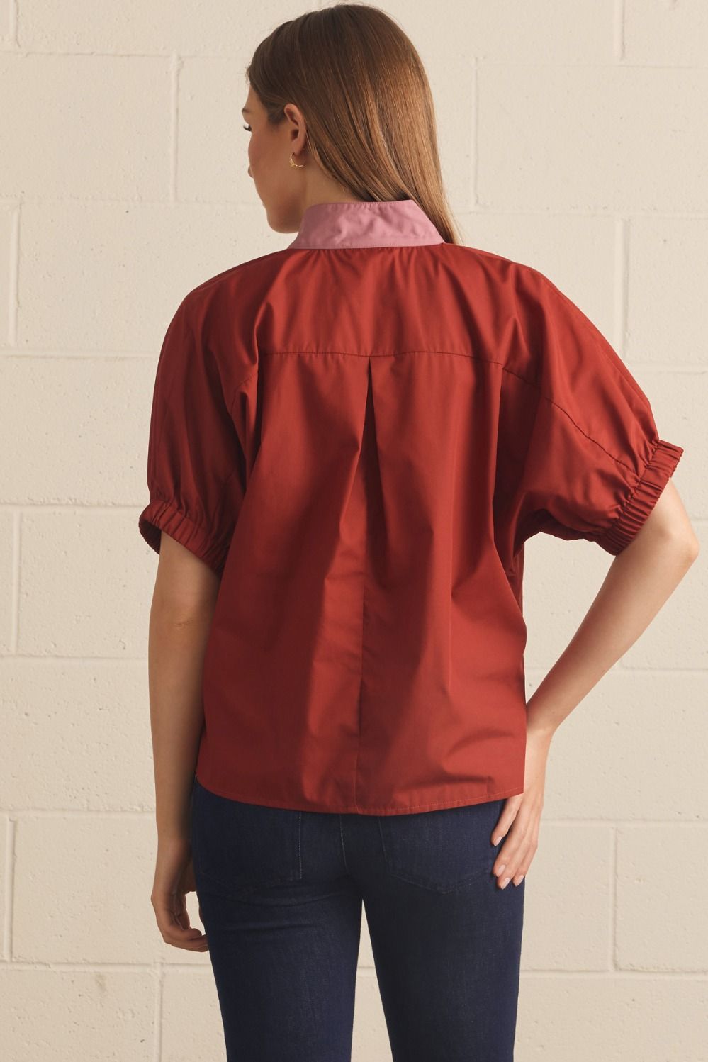 Contrast Stripe Collared Elastic Sleeve Top