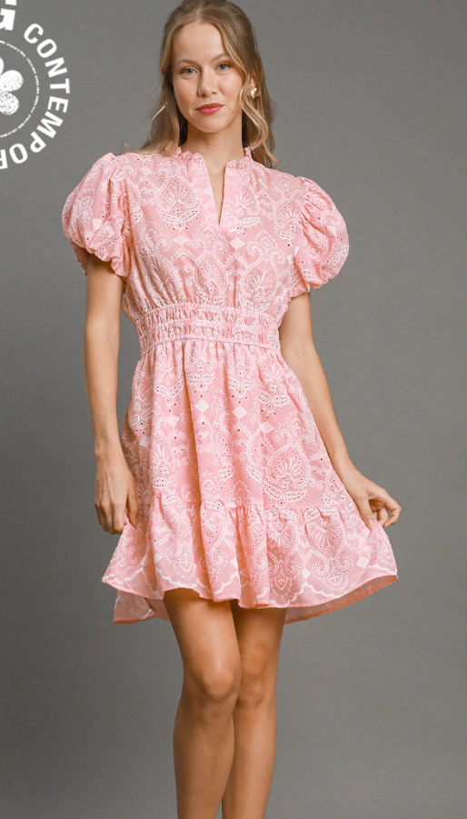 Eyelet Puff Sleeve Gathered Waist Dress-Light Pink