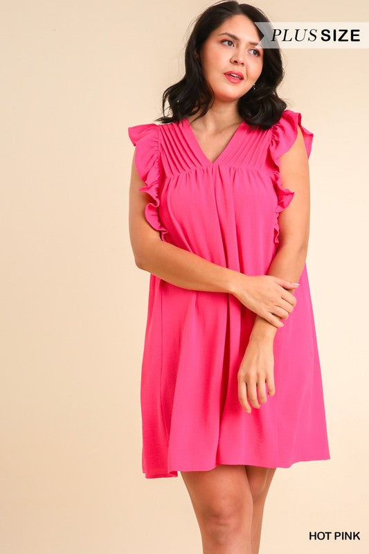 Solid V-Neck Pleat Detail Shift Dress