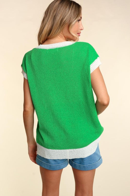 Clover Embroidered Color Block Sweater-Kelly