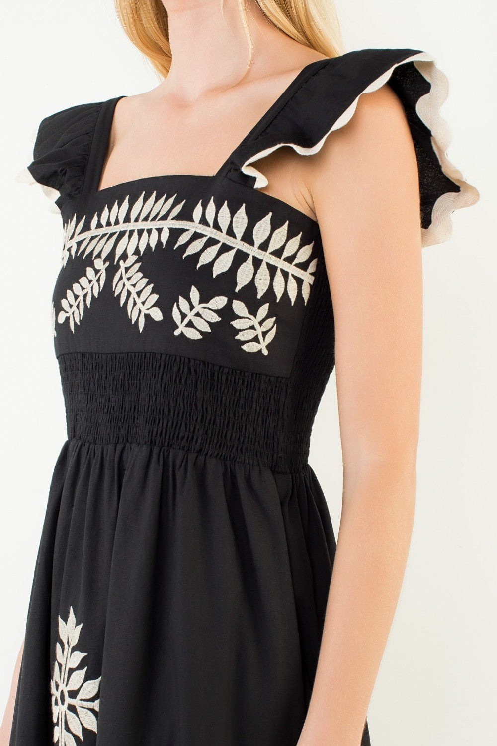 Flutter Strap Embroidered Smocked Waist Midi Dress-Blk