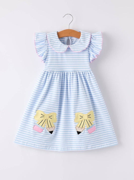 Back To School Girls Plaid Pencil Applique Bow Dress with Monogram