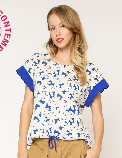 Floral Overlay Scallop Contrast Detail Tie Waist Top-Royal