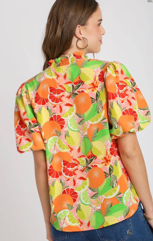 Fruit Print Split Neck Puff Sleeve Top-Orange