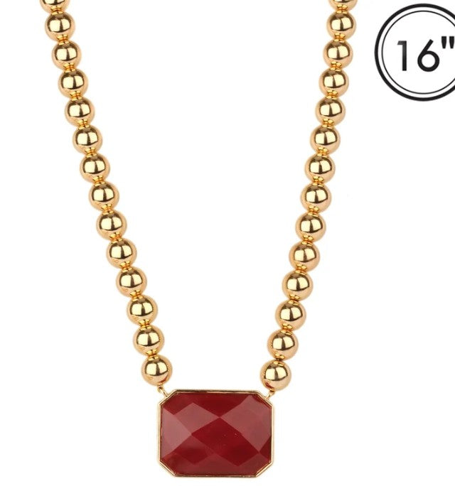 Gold Ball Bead Rectangle Stone Neckalce