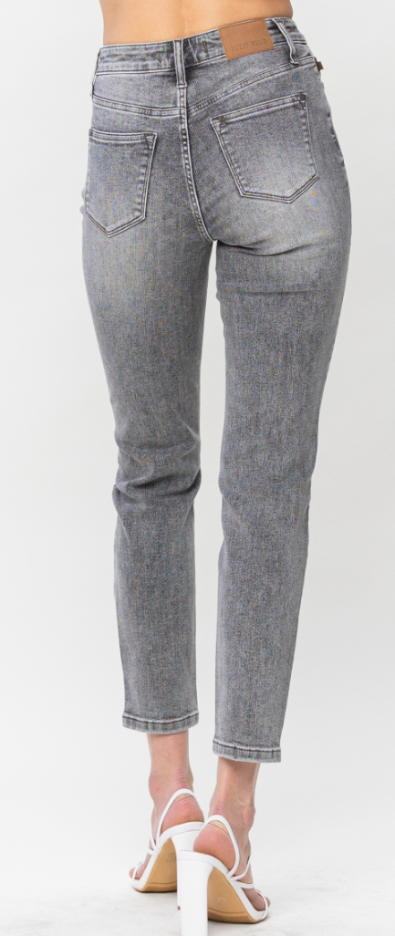 High Waist Stone Wash Slim Fit Denim- Grey
