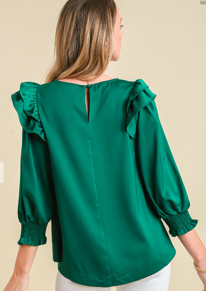 Satin Double Ruffle 3/4 Sleeve Top