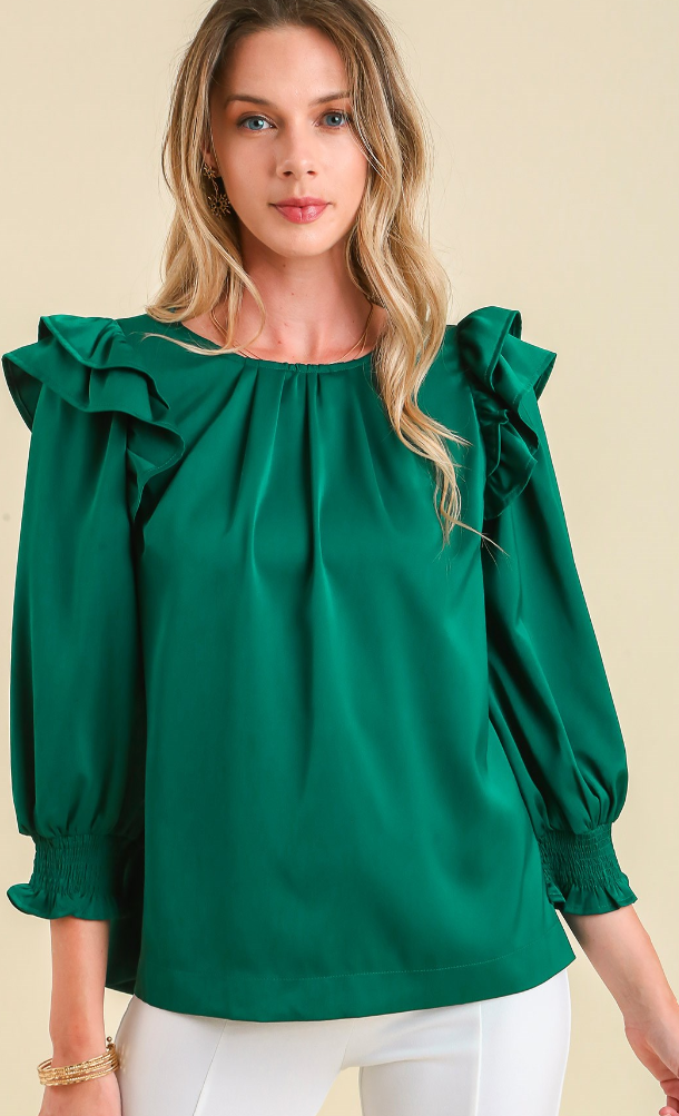 Satin Double Ruffle 3/4 Sleeve Top