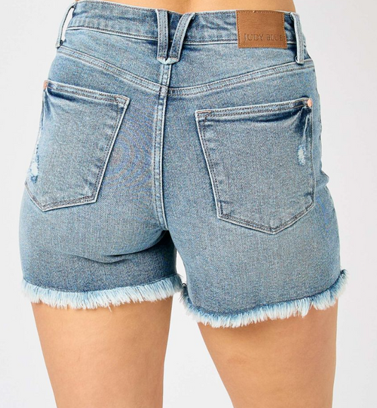High Waist Button Fly Denim Shorts - Medium