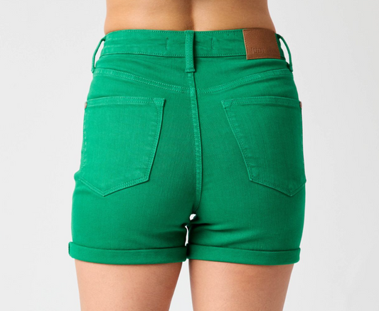 High Waist Tummy Control Garment Dyed Shorts - Kelly Green