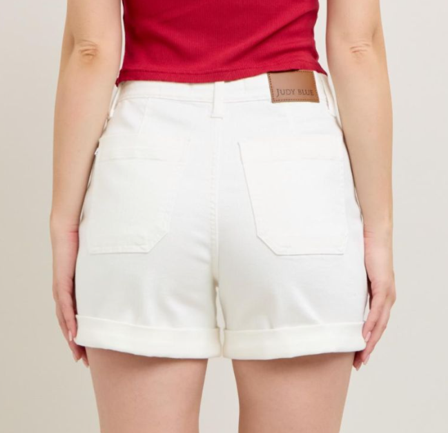 High Waist Cuffed Drawstring Waist Denim Short-White
