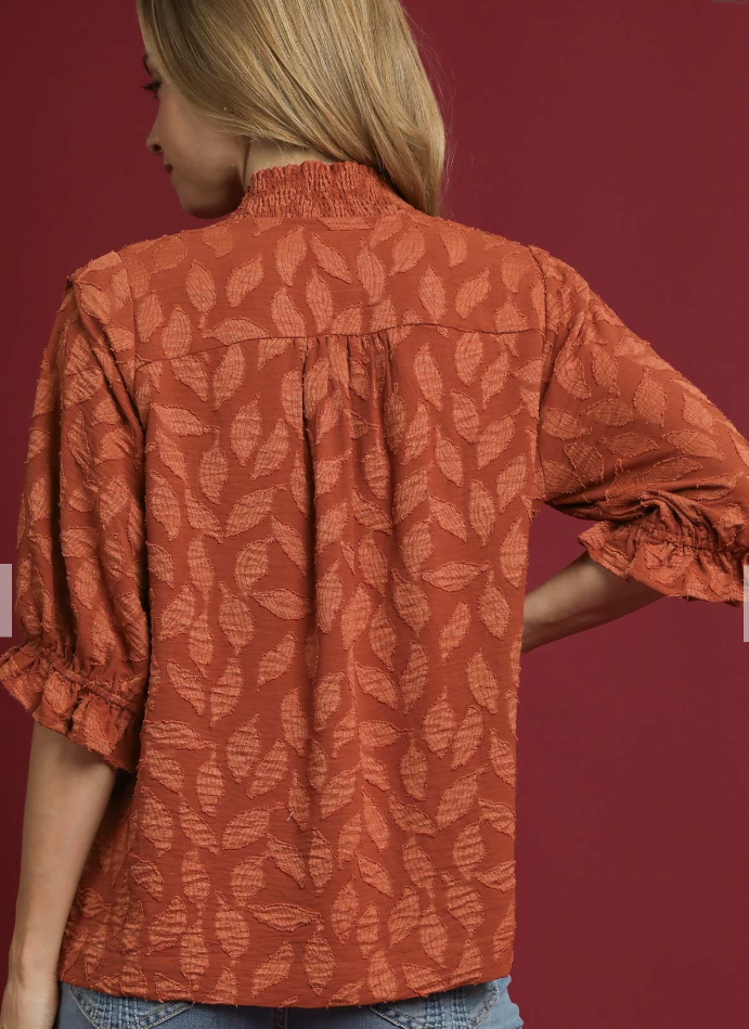 Leaf Jacquard V-Neck 3/4 Sleeve Top-Rust
