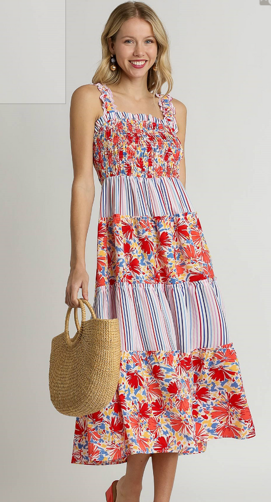 Stripe/Floral Mixed Print Smocked Maxi Tiered Dress - Red