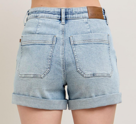 High Waist Cuffed Drawstring Waist Denim Short-Light