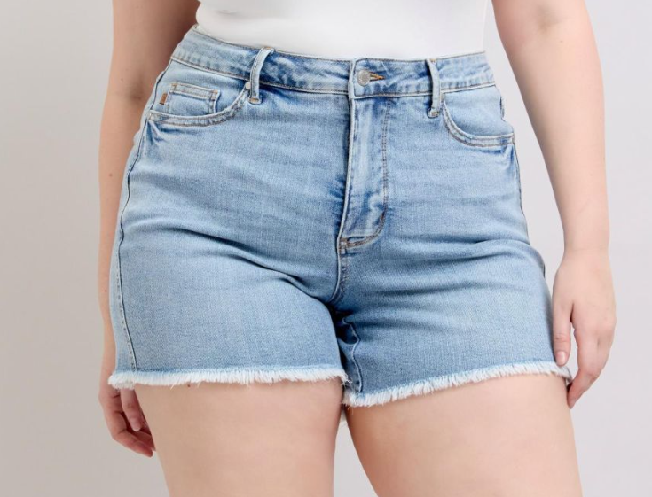 High Waist Tummy Control Fray Hem Denim Short-Light