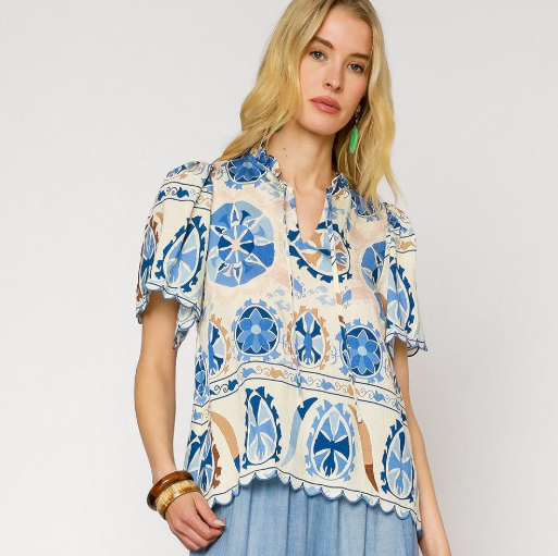 Medallion Print Scallop Trim Tie Neck Top-Blue