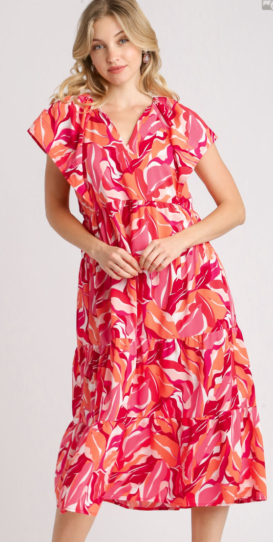Leaf Print V-Neck Tiered Midi Dress - Pink