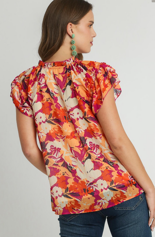 Floral Metallic Lurex Thread Tie Neck Top - Orange