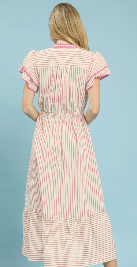 Striped Flutter Sleeve Contrast Piping Midi Dress