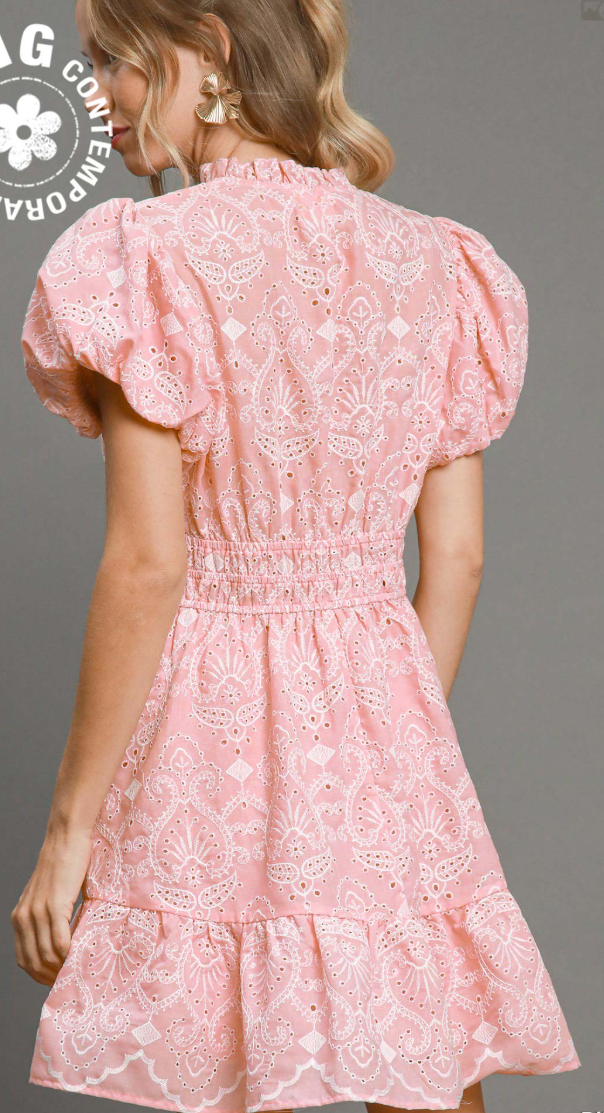 Eyelet Puff Sleeve Gathered Waist Dress-Light Pink