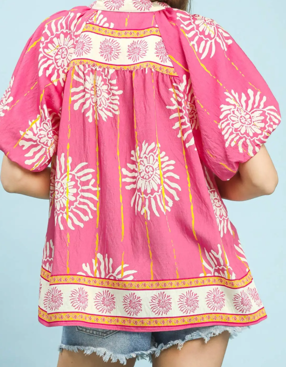 Large Floral V-Neck Contrast Border Print Top-Pink