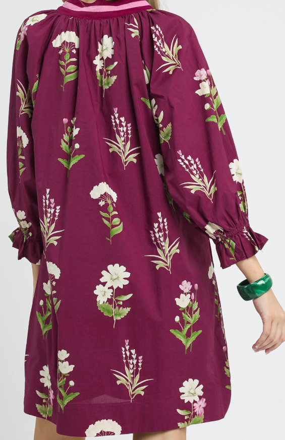 Floral 3/4 Sleeve Dress w/Striped V-Neck-Plum