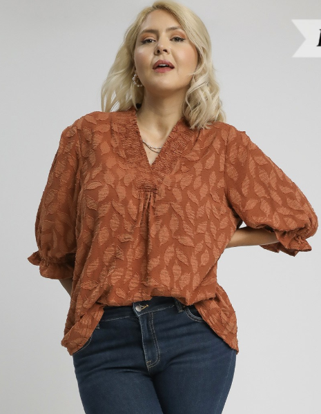 Leaf Jacquard V-Neck 3/4 Sleeve Top-Rust