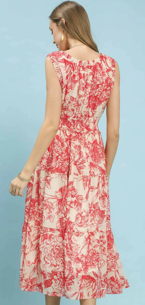 Sleeveless Floral Toile Print Midi Dress-Red