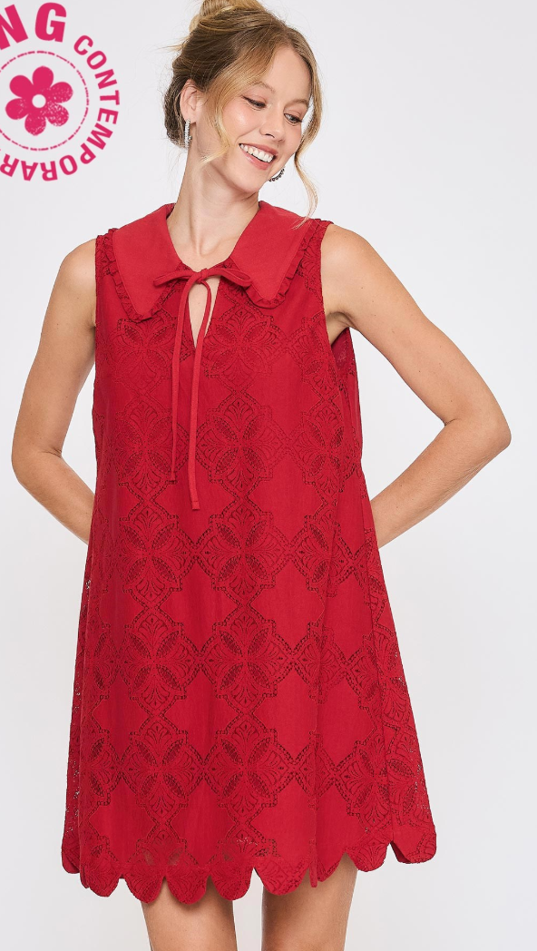 Sleeveless Lace Tie Peter Pan Collar Dress-Red