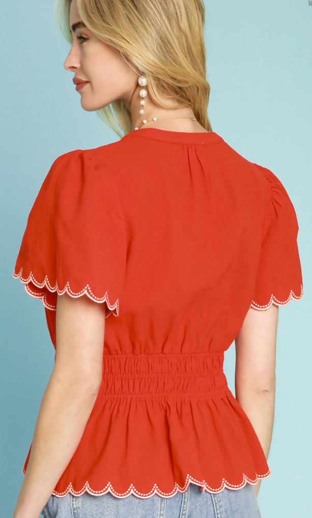 Scallop Sleeve & Hem Smocked Waist Top