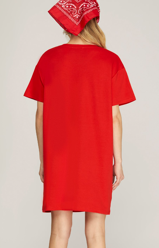 Rhinestone Studded Star Fringe V-Neck Knit Dress - Red