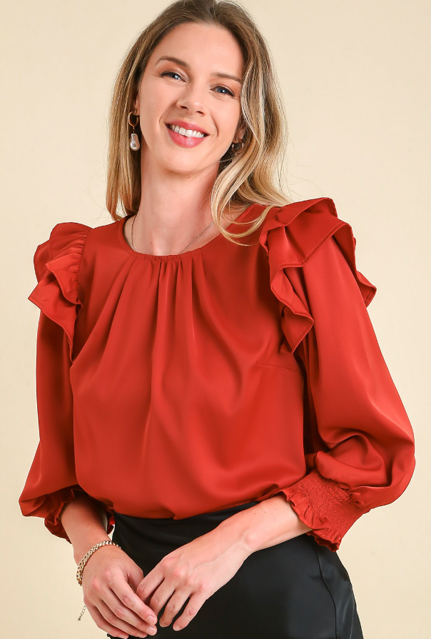 Satin Double Ruffle 3/4 Sleeve Top